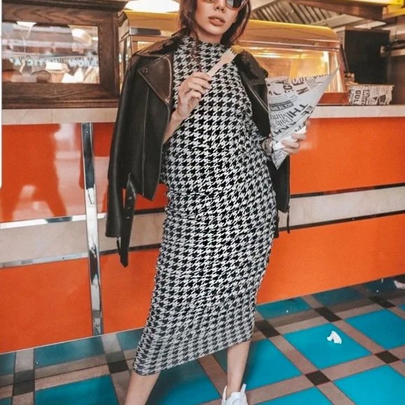 ZARA Black & White Houndstooth Jacquard Draped Wiggle Knit Midi Dress NWT Size S - Picture 8 of 12